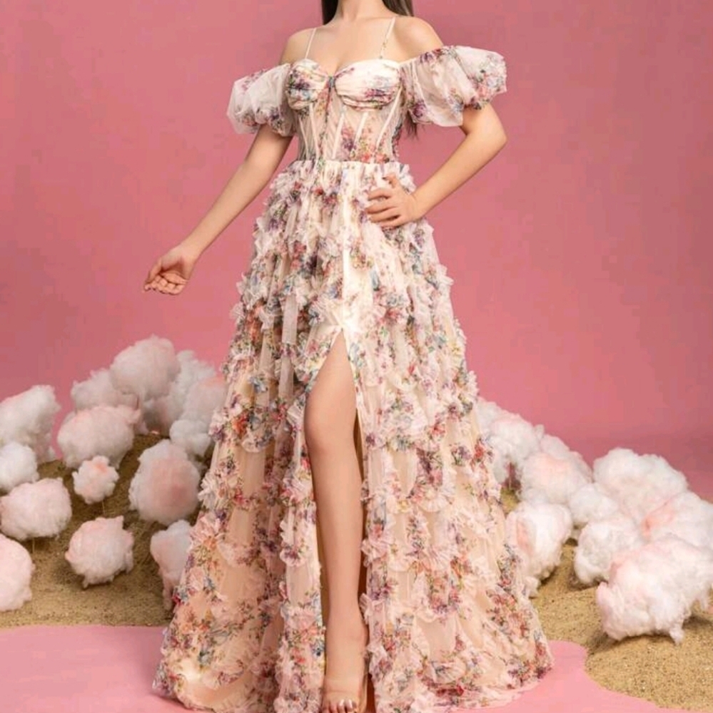 Teen Girls Off-Shoulder Puff Sleeve Floral Mesh Overlay Dress - Picture 5 of 7